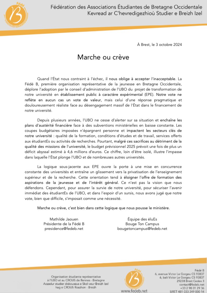Fédé B (@fedebzh) on Twitter photo 📢 "Marche ou crève", triste réalité que l'Etat nous impose.
La <a href="/fedebzh/">Fédé B</a> déplore la transformation de l'<a href="/UBO_UnivBrest/">UBO - Univ. Brest</a> en #EPE , reflet du désengagement financier massif. Ce vote n'est pas de valeur, mais une réponse douloureusement réaliste. <a href="/patrickhetzel/">Patrick Hetzel</a> <a href="/sup_recherche/">Ministère Enseignement supérieur et Recherche</a> #UBO 📢 "Marche ou crève", triste réalité que l'Etat nous impose.
La <a href="/fedebzh/">Fédé B</a> déplore la transformation de l'<a href="/UBO_UnivBrest/">UBO - Univ. Brest</a> en #EPE , reflet du désengagement financier massif. Ce vote n'est pas de valeur, mais une réponse douloureusement réaliste. <a href="/patrickhetzel/">Patrick Hetzel</a> <a href="/sup_recherche/">Ministère Enseignement supérieur et Recherche</a> #UBO