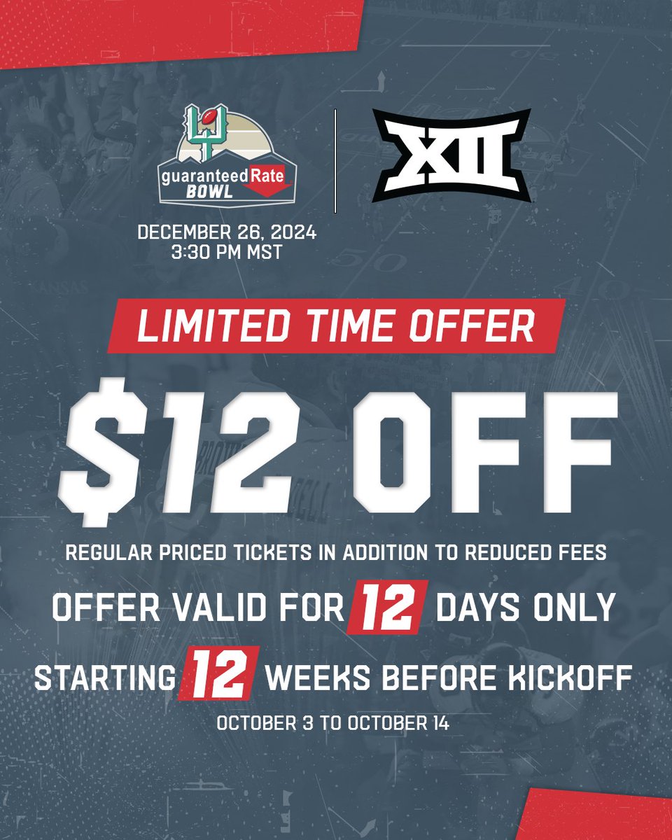 Don't look now, but we're 1⃣2⃣ weeks away from the 2024 Guaranteed Rate Bowl!

Starting today, secure your seats to the only <a href="/bigten/">Big Ten Conference</a> vs. <a href="/Big12Conference/">Big 12 Conference</a> postseason matchup with $𝟏𝟐 off all regular priced tickets! This limited time offer is only valid until October 14.

🎟️