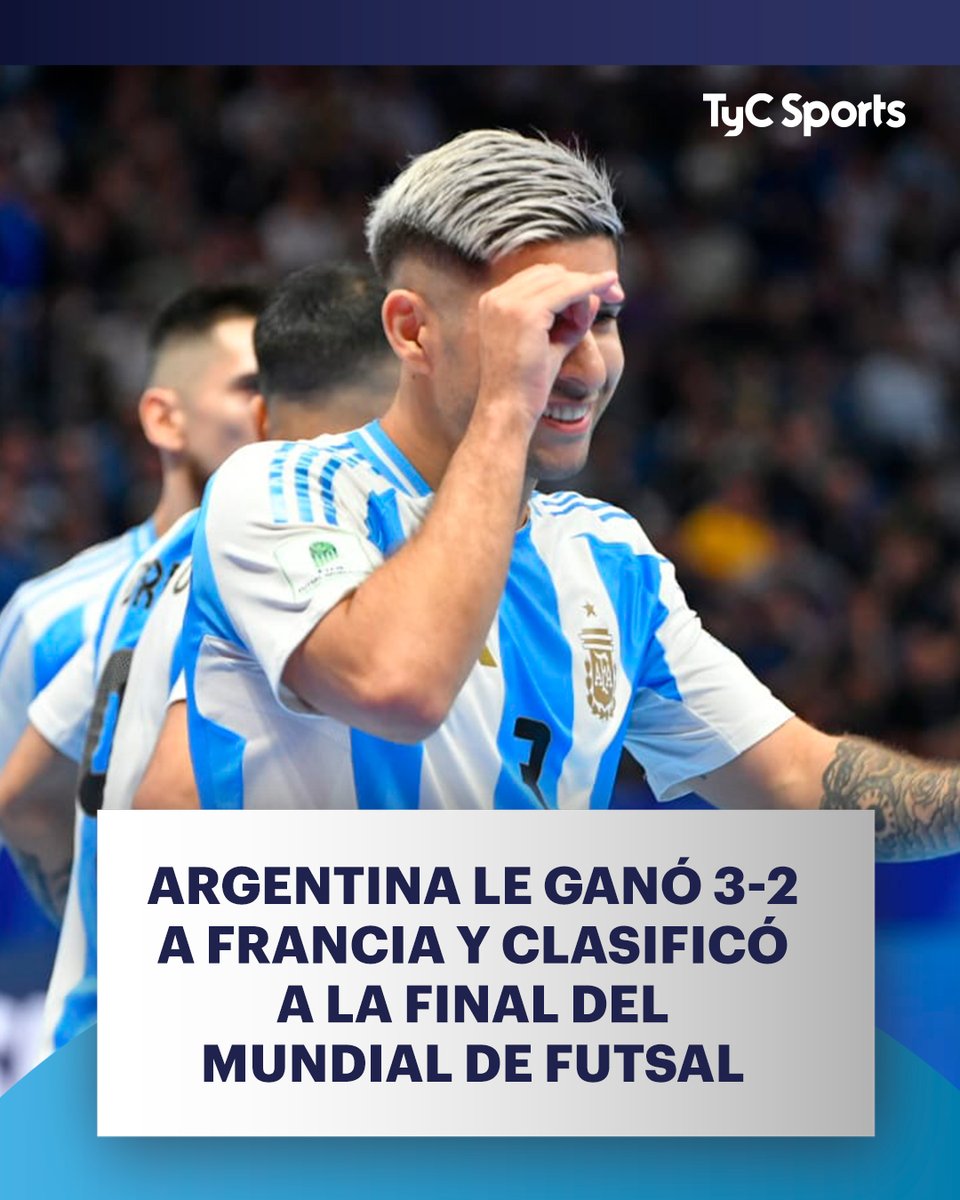 TyCSports's tweet photo. ¡¡A LA FINAL!! 💪🏻🇦🇷🏆

Argentina le ganó 3-2 a Francia y se metió en la gran definición del Mundial de Futsal, donde se enfrentará a Brasil el próximo domingo. ¡VAMOS! https://t.co/SetXa6l8pn
