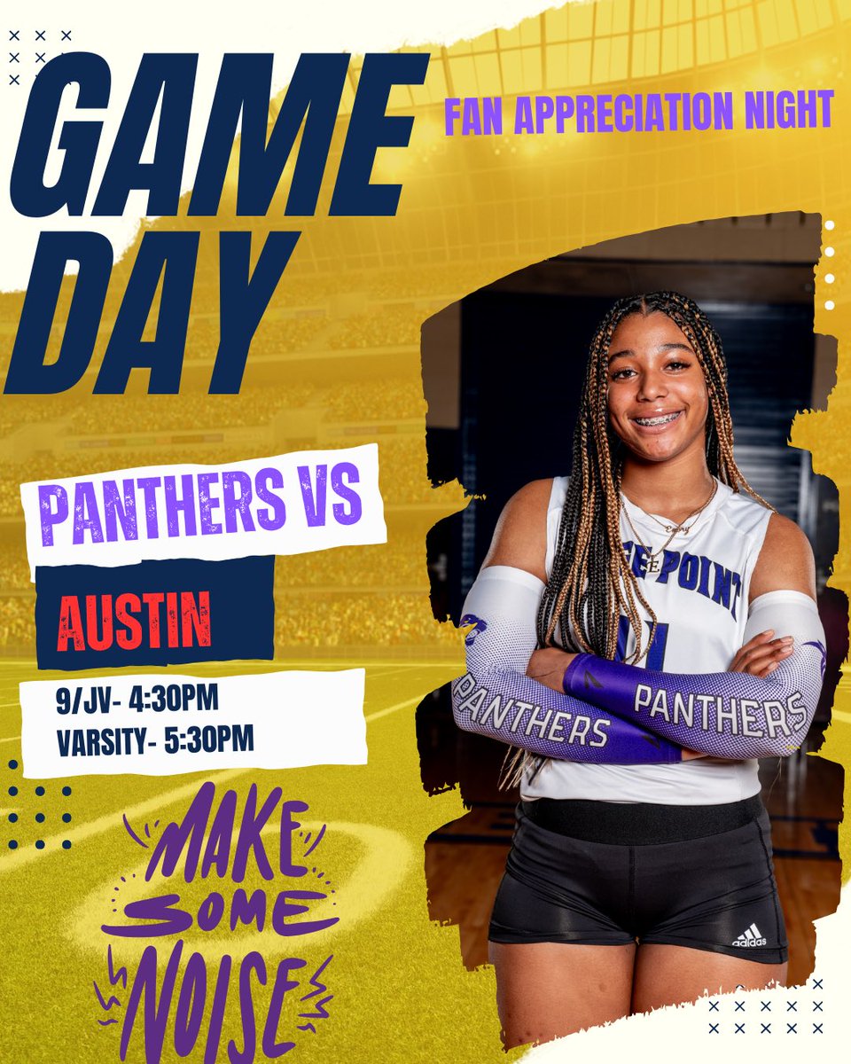 🎉IT'S GAME DAY!! 🎉
Tonight your Panthers take on Austin, don’t miss! It's FAN NIGHT &amp; Ref Appreciation Night, Come show your Panther pride! 
Watch: 
✨Player of the Week: Emory Harper
🔥 Jayden Robinson: Celebrating 500+ Kills!
1st 100- free T-shirt! 🐾
9/JV- 4:30pm
V- 5:30pm