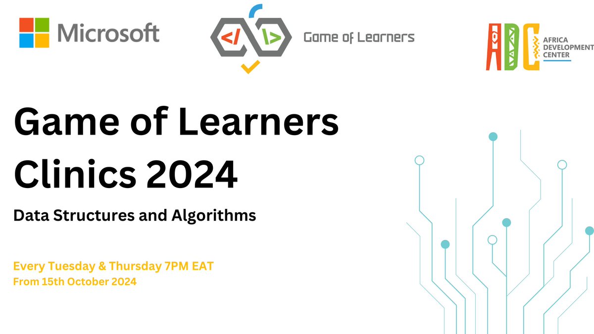 Pooncharaat's tweet image. 🥳🥳 Did you miss us?? We’re thrilled to announce the return of the GoL Clinics! 🚀
We'll be diving into Data Structures and Algorithms .Join us for hands-on coaching led by expert ADC Software Engineers. 💪
Stay tuned for more details 

#GameOfLearners