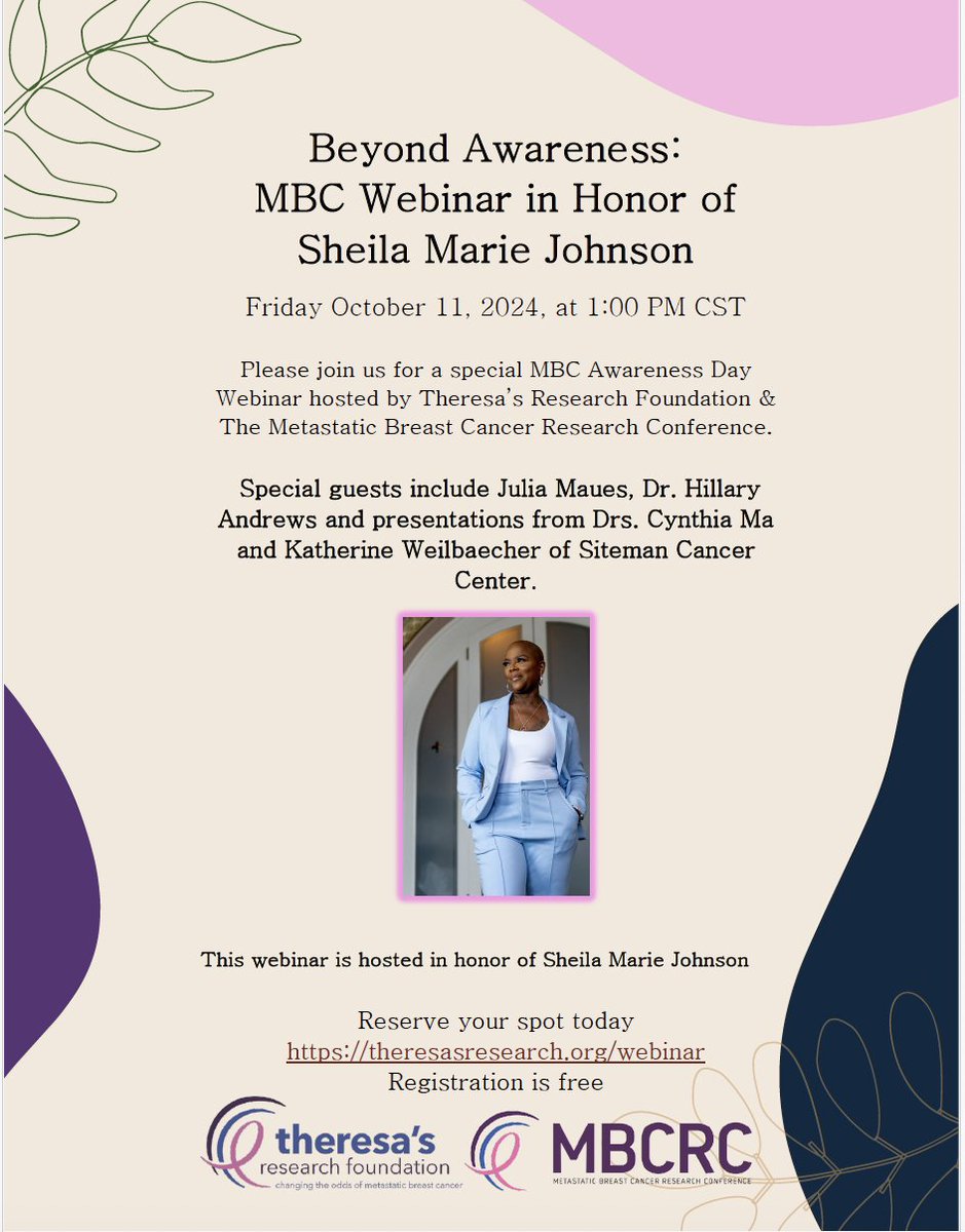 Theresa's Research Foundation (@metastaticodds) on Twitter photo Still plenty of time to register for our webinar in honor of Sheila. theresasresearch.org/webinar <a href="/SitemanCenter/">Siteman Cancer Center</a> <a href="/HillStirSci/">Hillary Andrews, PhD</a> <a href="/itsnot_pink/">Julia Maués</a> <a href="/GRASPtweets/">GRASP</a> #BreastCancerAwarenessMonth #CancerResearch Still plenty of time to register for our webinar in honor of Sheila. theresasresearch.org/webinar <a href="/SitemanCenter/">Siteman Cancer Center</a> <a href="/HillStirSci/">Hillary Andrews, PhD</a> <a href="/itsnot_pink/">Julia Maués</a> <a href="/GRASPtweets/">GRASP</a> #BreastCancerAwarenessMonth #CancerResearch