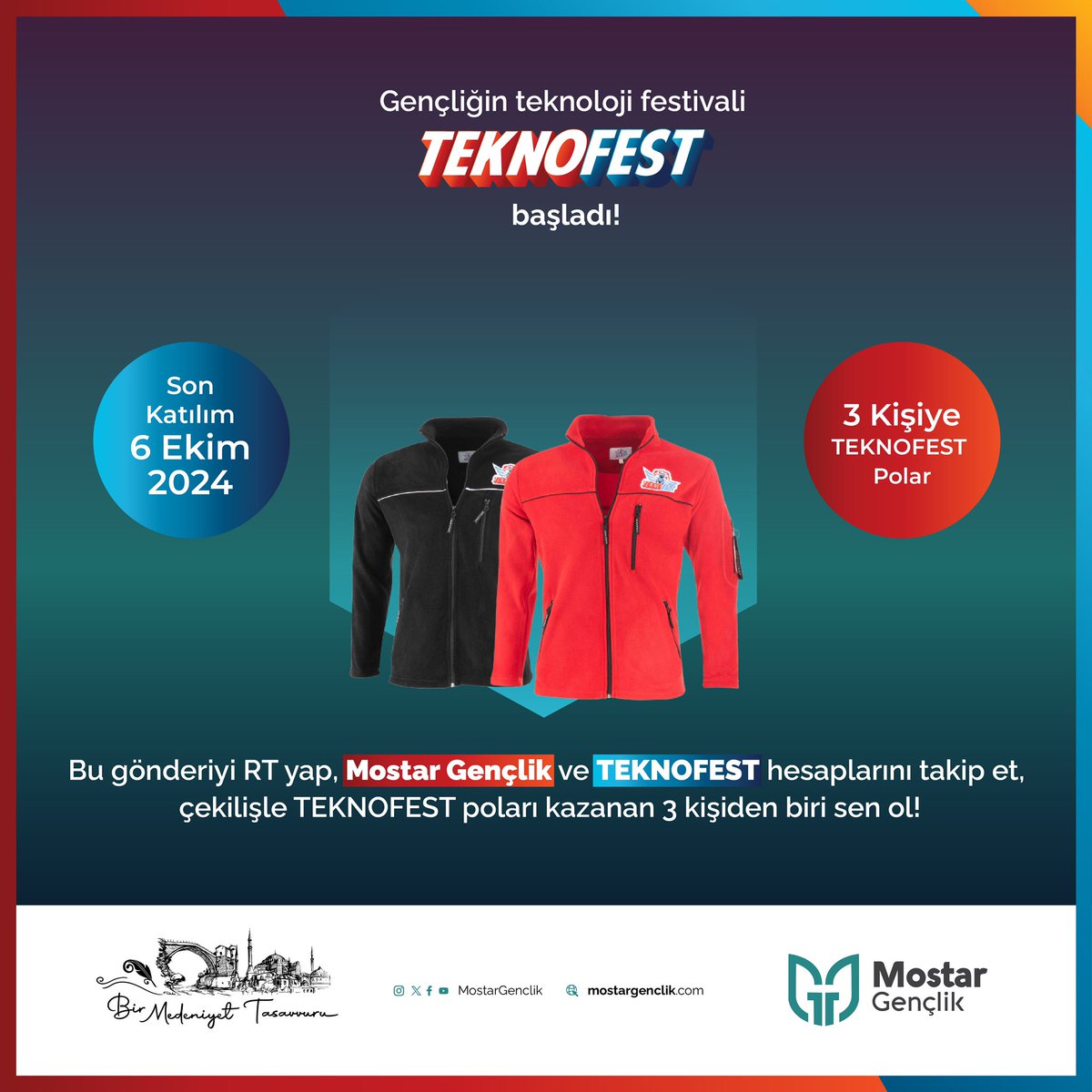 Biz üretmeye devam ettikçe fetihler bitmeyecek. Gençliğin teknoloji festivali #TEKNOFEST ile gençler yeni fetihlerin kapılarını aralıyor. 

Sen de bu gönderiyi RT yap <a href="/MostarGenclik/">Mostar Gençlik</a> ve <a href="/teknofest/">TEKNOFEST</a> hesaplarını takip et, çekilişle TEKNOFEST poları kazanan 3 kişiden biri ol 🚀