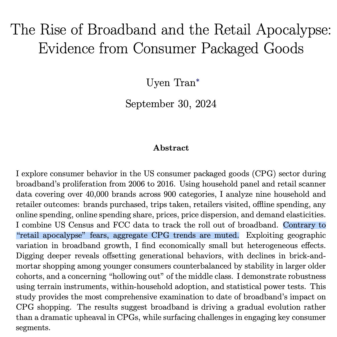 Wait, retail shopping isn't dead? 🤯 

1. Offline spending on consumer packaged goods (CPG) was flat from 2006-2016

2. Yes, online is growing. To a whole 3%! It's just not that big to matter for aggregate trends.

Super interesting paper from Uyen Tran. dropbox.com/scl/fi/73pozfv…