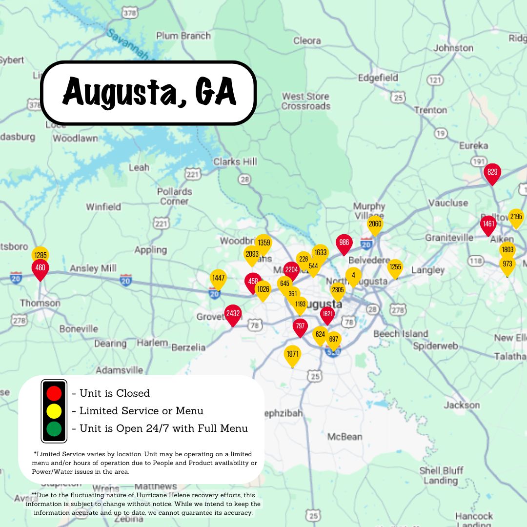 WaffleHouse's tweet photo. Our Operations Team is dedicated to restoring a sense of normalcy in our communities hit hardest by Helene. 

Here are the updated unit status maps. For address information, please visit: https://t.co/Fb54J7KYHB

#whindex #hurricanehelene https://t.co/uKtQQSEep2