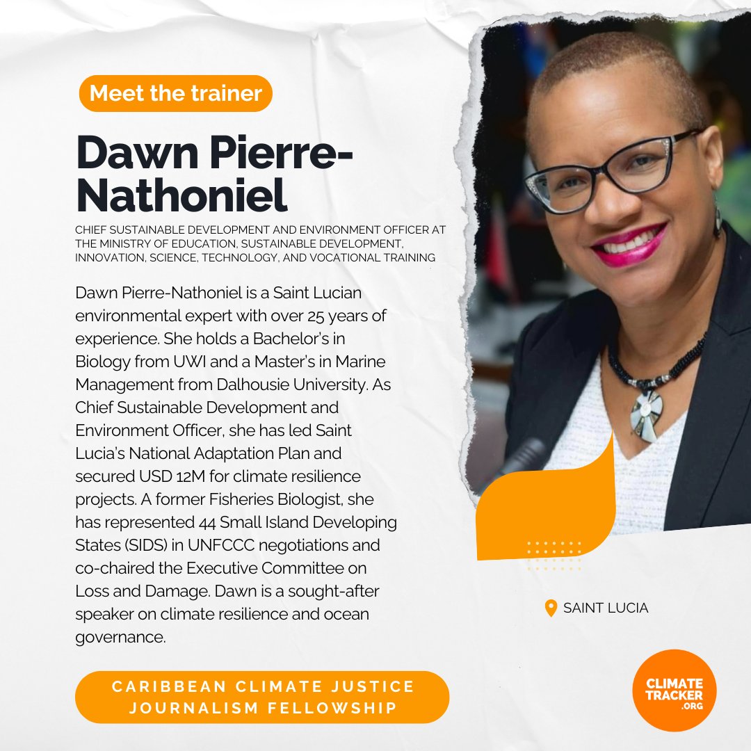 🇱🇨 We are excited to introduce Dawn Pierre-Nathoniel as the trainer for the final session of our Caribbean Climate Justice Journalism Fellowship (Cycle 3)! 🌟

📝Tonight, our fellows will explore “Climate Justice Through the Lens of a Negotiator,” with a focus on Loss and Damage.