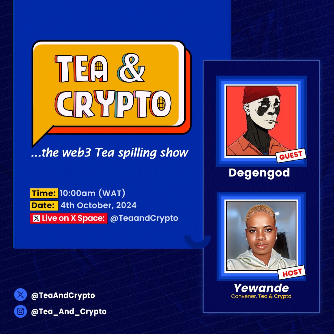 TeaAndCrypto's tweet photo. Running one of the largest web3 Alpha/gossip Twitter community is @0x_degengod 🥁 

This week, we will be hosting the versatile Degengod🕺🏾☺️

Who is degengod beyond Twitter? what are his likes &amp; dislikes? Who is his crush(es😜) What forms his degen decisions? His dreams?

🧵/2 https://t.co/2S7IQwHvv4