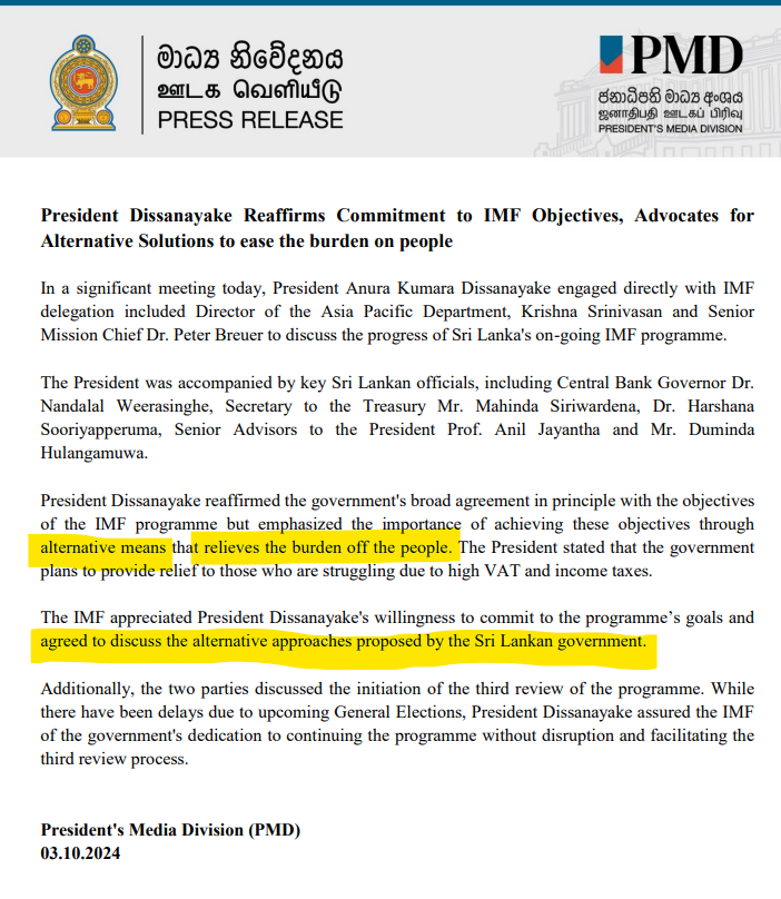Sri Lanka President <a href="/anuradisanayake/">Anura Kumara Dissanayake</a>  secures agreement with <a href="/IMFNews/">IMF</a> delegation today to discuss “alternative approaches” to reach the objectives of the $2.9 billion bailout program. AKD wants to reduce taxes on lower income groups.
