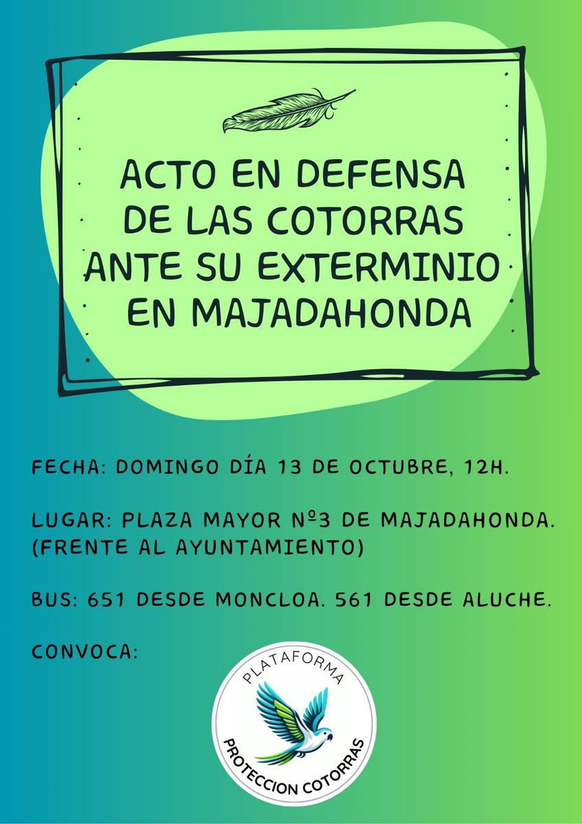 ¡A tiros por nuestros parques! 
Necesitamos de tu colaboración para mostrar nuestra repulsa por la licitación del <a href="/MajadahondaAyto/">Ayuntamiento de Majadahonda</a>  contratando a pistoleros para perpetrar, durante los próximos meses, la matanza de aves urbanas: las cotorras argentina  y Kramer entre otras.