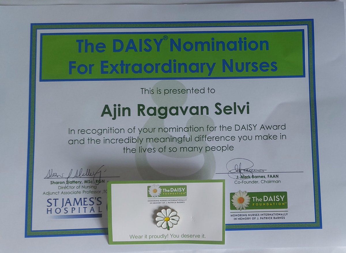 "Thrilled to share that I've been nominated for a DAISY Award! 🌼 I'm truly honoured and grateful for this recognition. Huge thanks to my incredible private 3 team and St James's hospital nursing team—your support and collaboration make every day rewarding. #HealthcareHeroes.