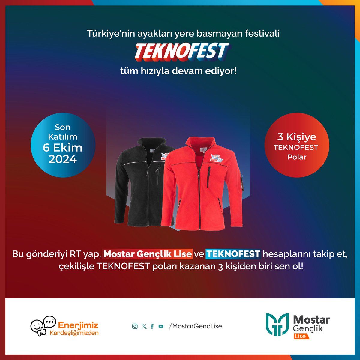 Türkiye'nin ayakları yere basmayan festivali #TEKNOFEST tüm hızıyla devam ediyor 💫 

Sen de bu gönderiyi RT yap <a href="/mostargenclise/">Mostar Gençlik Lise</a> ve <a href="/teknofest/">TEKNOFEST</a> hesaplarını takip et, çekilişle TEKNOFEST poları kazanan 3 kişiden biri ol 🚀