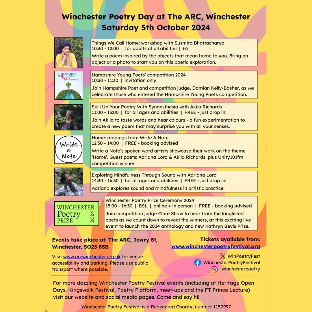The Arc, Winchester (@arcwinchester) on Twitter photo Join us for Winchester Poetry Day 2024 <a href="/ArcWinchester/">The Arc, Winchester</a> on Sat 5 Oct
A day of readings and activities for poetry-lovers and poetry-curious.
Includes Winchester Poetry Prize and Hants Young Poets ceremonies
Booking and info here: buff.ly/3zyRPWt Join us for Winchester Poetry Day 2024 <a href="/ArcWinchester/">The Arc, Winchester</a> on Sat 5 Oct
A day of readings and activities for poetry-lovers and poetry-curious.
Includes Winchester Poetry Prize and Hants Young Poets ceremonies
Booking and info here: buff.ly/3zyRPWt