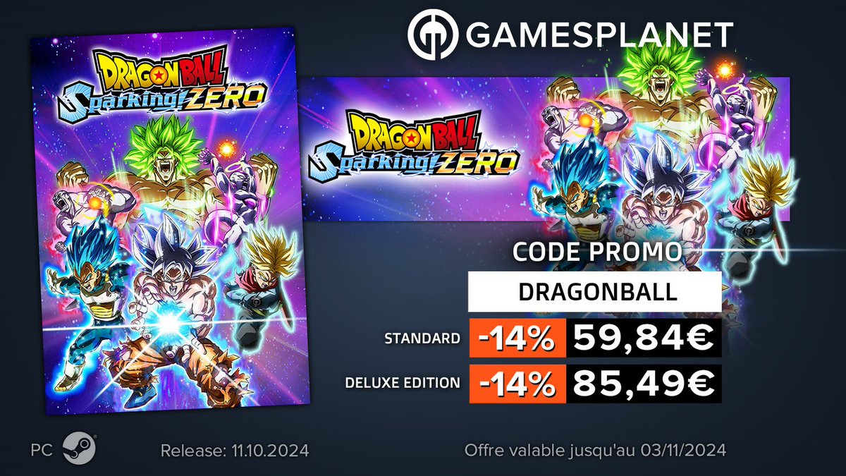 Dragon Ball Super (@dbsuperfrance) on Twitter photo 💥 CONCOURS DRAGON BALL SPARKING! ZERO💥
Tentez de gagner 2 éditions Ultimate du jeu Dragon Ball Sparking! ZERO sur Steam !
Pour participer : RT + FOLLOW <a href="/DBSuperFrance/">Dragon Ball Super</a> et <a href="/GamesplanetFR/">Gamesplanet France</a>
Fin du concours le 6 octobre. 💥 CONCOURS DRAGON BALL SPARKING! ZERO💥
Tentez de gagner 2 éditions Ultimate du jeu Dragon Ball Sparking! ZERO sur Steam !
Pour participer : RT + FOLLOW <a href="/DBSuperFrance/">Dragon Ball Super</a> et <a href="/GamesplanetFR/">Gamesplanet France</a>
Fin du concours le 6 octobre.