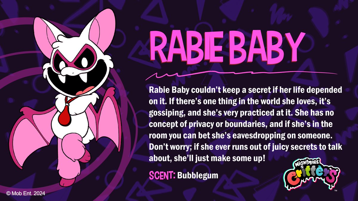 Got a secret? Better make sure #RabieBaby never catches wind of it, or else she will make sure the other #NightmareCritters know about it by sunrise. 🦇 🩸