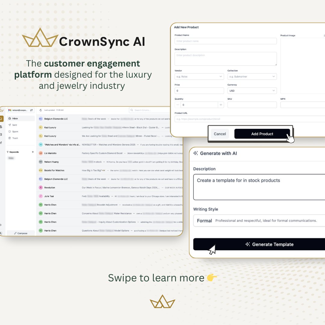 CrownSyncAI's tweet image. Unlock the power of customer engagement with CrownSync AI, the customer engagement platform designed exclusively for the luxury and jewelry industries.

learn more at l8r.it/ehwk

#CrownsyncAI #LuxuryRetail #Jewelry #CustomerExperience #CustomerEngagement #AI