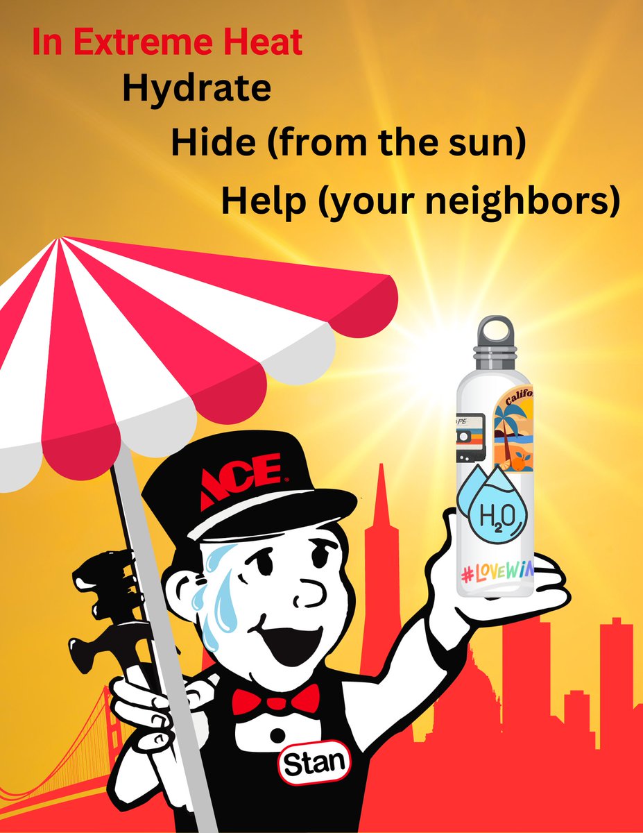 MarinAceHw's tweet image. We're almost through the red flag warning, but remember that heat worsens for you the longer it lasts. If you're looking for fans, water bottles, hats, or someone to agree that 'yep, it's hot,' we'll be here all day! #MyLocalAce #HelpfulHardware