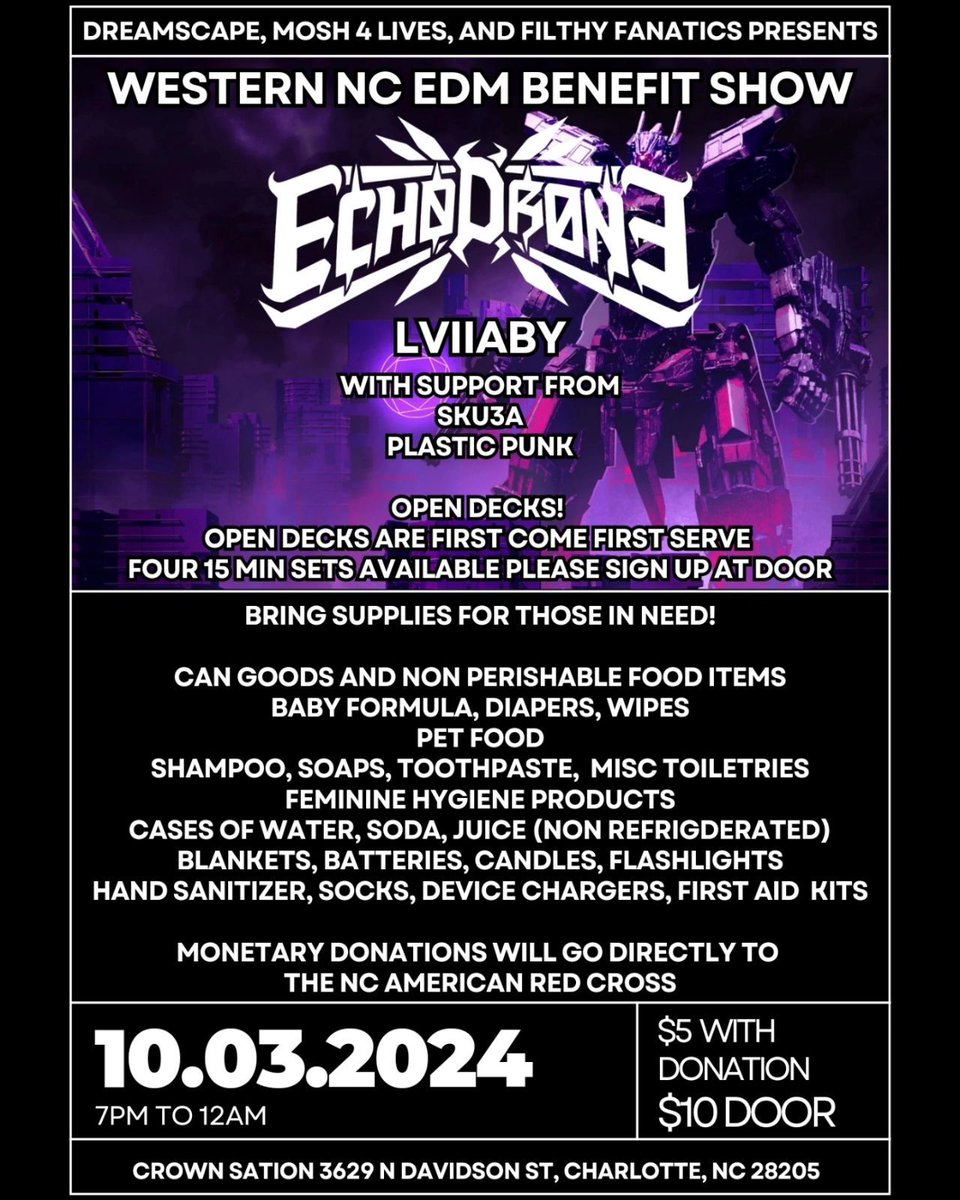 Come out to support a great cause with <a href="/echodronemusic/">ECHO DRONE</a>, @_sku3a_, @plasticpunkofficial, &amp; myself tomorrow night at 7PM at <a href="/crownstation/">crown station</a> S/O @enterdreamscape <a href="/mosh4lives/">Mosh 4 Lives</a> @filthyfanatics and @echoescollective for helping make this #charity happen! ticketleap.events/tickets/dreams…
