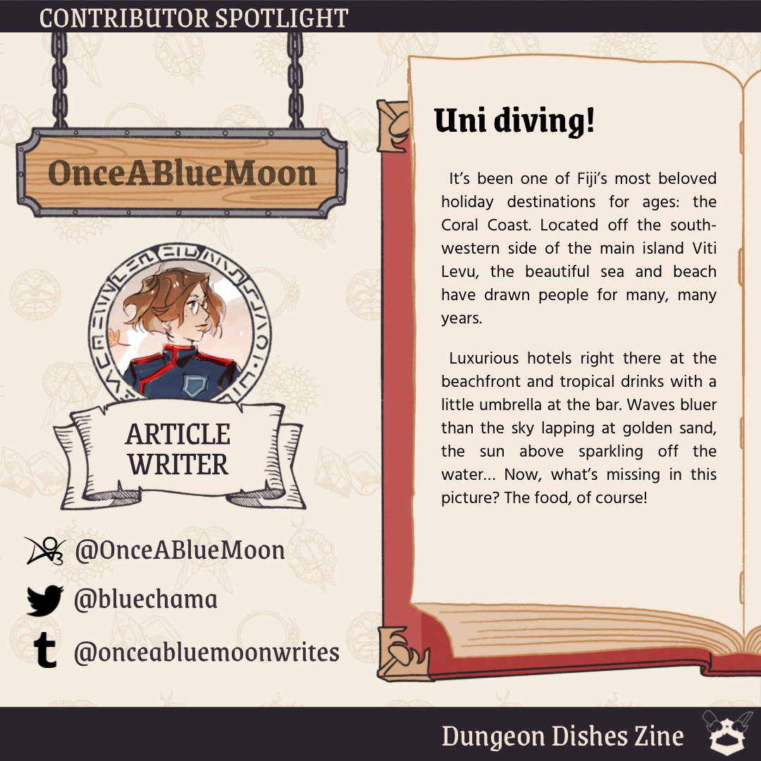 Dungeon Dishes Zine 🍗Creation period🍗 (@dungeondishes) on Twitter photo 🍗Contributor spotlight🍗
✨Article Writer <a href="/Bluechama/">OnceABlueMoon</a> will write an amazing and interesting article for the zine❤️
🥘We encourage you to follow her and support her work!🥘 🍗Contributor spotlight🍗
✨Article Writer <a href="/Bluechama/">OnceABlueMoon</a> will write an amazing and interesting article for the zine❤️
🥘We encourage you to follow her and support her work!🥘
