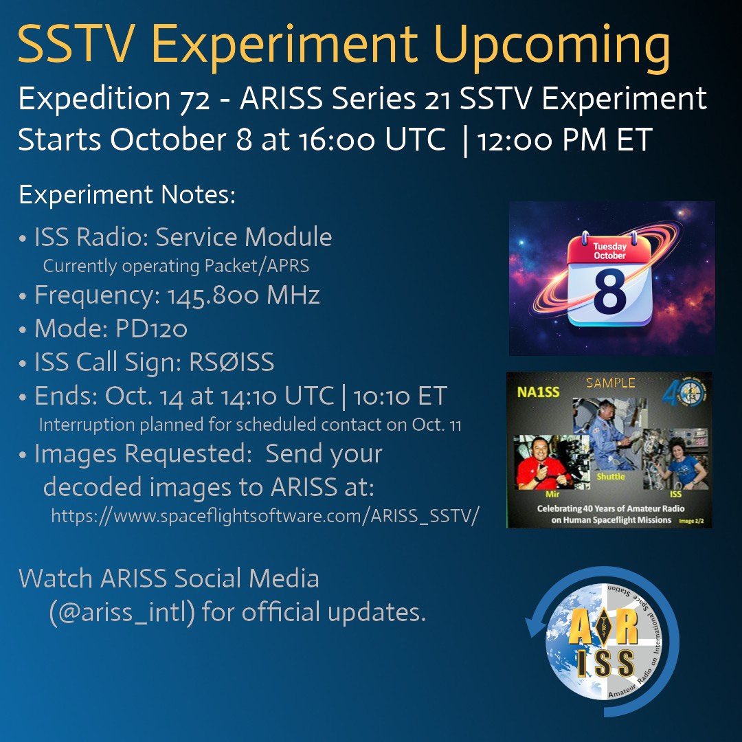Randy (@k7age) on Twitter photo It has been a long time since <a href="/ARISS_Intl/">ARISS - Amateur Radio on the ISS</a> SSTV from the space station. We have a few days to get our gear ready. #hamradio It has been a long time since <a href="/ARISS_Intl/">ARISS - Amateur Radio on the ISS</a> SSTV from the space station. We have a few days to get our gear ready. #hamradio