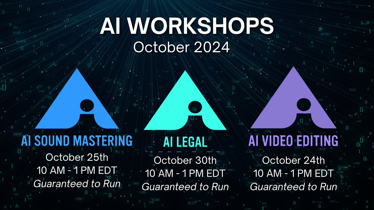 3 CREATIVE AI WORKSHOPS THIS OCTOBER: AI Sound Mastering, AI Legal, &amp; AI Video Editing. 💡

Led by certified instructors, each course offers a blend of live teaching &amp; hands-on exercises where you’ll gain cutting-edge skills to elevate your craft. 🚀

🔗 tinyurl.com/43mwjbce