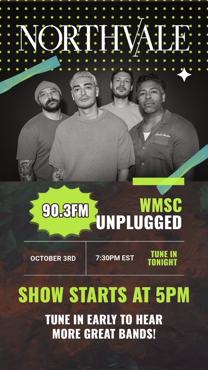 NORTHVALE (@northvaleband) on Twitter photo 🎶 We’re live on <a href="/WMSC/">90.3 WMSC-FM</a> 90.3FM RIGHT NOW for WMSC Unplugged! 🔥
Tune in to hear us play a stripped-down acoustic set, including our new single "Already Dead." 💀 Don’t miss it! 🎧
🔗 wmscradio.com/wmsc-unplugged/
#WMSCUnplugged #AlreadyDead #NorthvaleLive 🎶 We’re live on <a href="/WMSC/">90.3 WMSC-FM</a> 90.3FM RIGHT NOW for WMSC Unplugged! 🔥
Tune in to hear us play a stripped-down acoustic set, including our new single "Already Dead." 💀 Don’t miss it! 🎧
🔗 wmscradio.com/wmsc-unplugged/
#WMSCUnplugged #AlreadyDead #NorthvaleLive