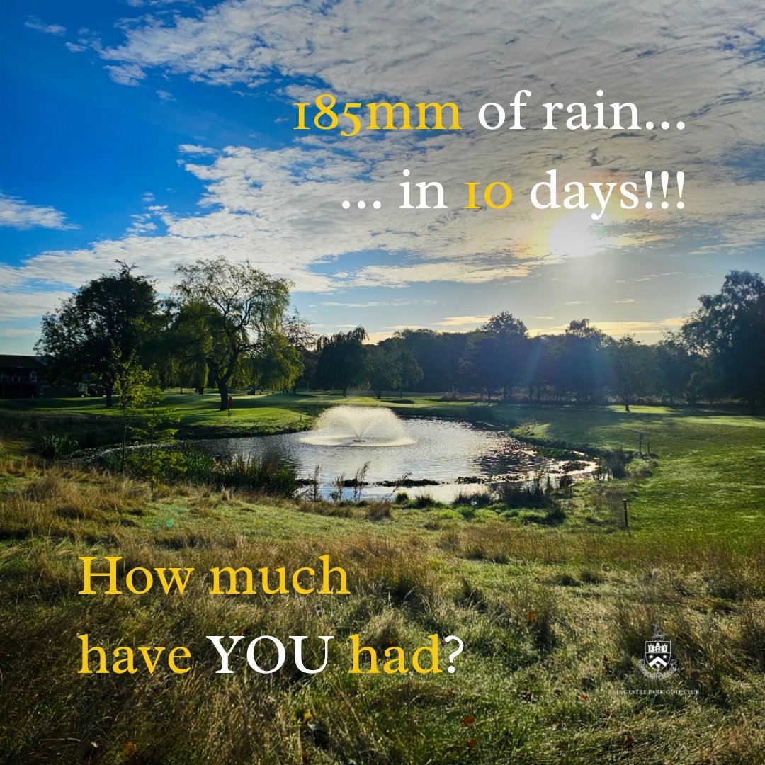 185mm of rain in 10 days (equivalent to 4 months of rain).
Course is holding up really well with the new drainage network.

How much have other clubs had???
 (tag/share golf clubs/greenkeepers)

#rain #rainseason #greenkeepers #golfcourse #britishweather
