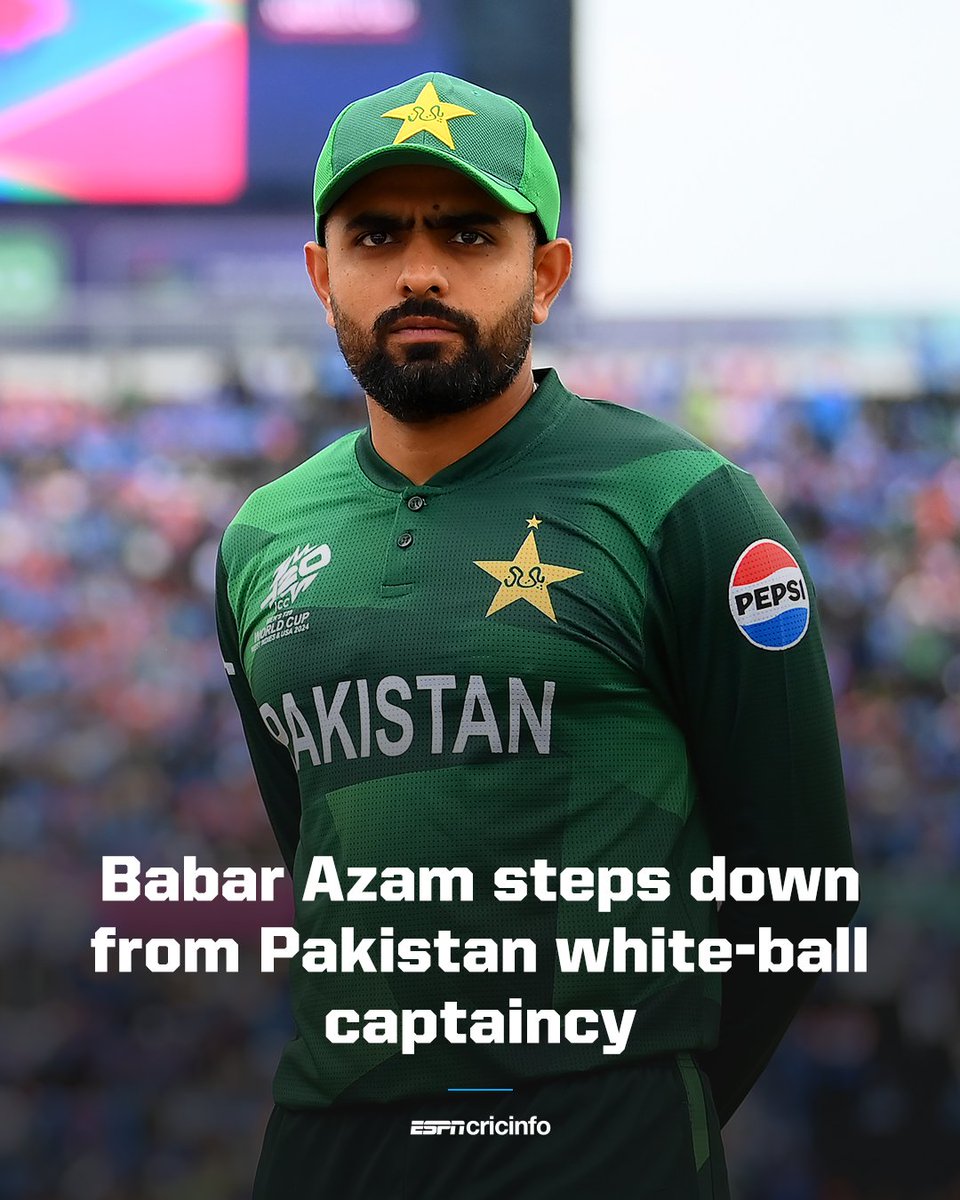 cricinfo's tweet photo. BREAKING: Babar Azam has resigned as Pakistan's white-ball captain https://t.co/aMu5ZQzRJ3
