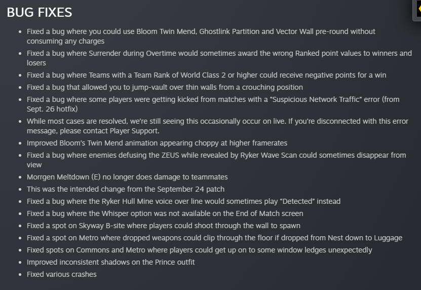 SpectreDivideX's tweet photo. Some important stuff from the recent #SpectreDivide update:

- Performance optimizations to improve framerate stability (Improved performance to Duality &amp; Puck Throw visual effects)
- Improvements to underlying anti-cheat infrastructure

And a lot of bug fixes 👇 https://t.co/bwjgD4CJ2y