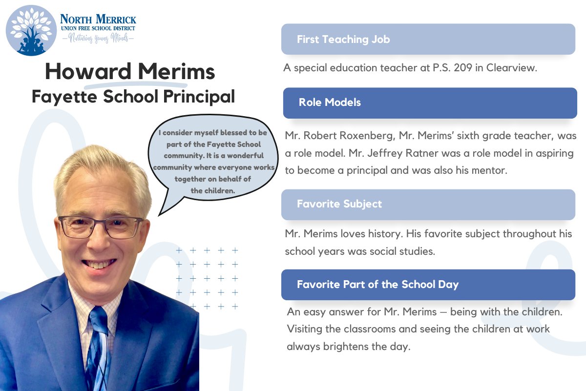 In recognition of National Principals Month, we will be shining the spotlight on each of our building principals! First up, meet Fayette Principal Howard Merims! #NMerrickProud