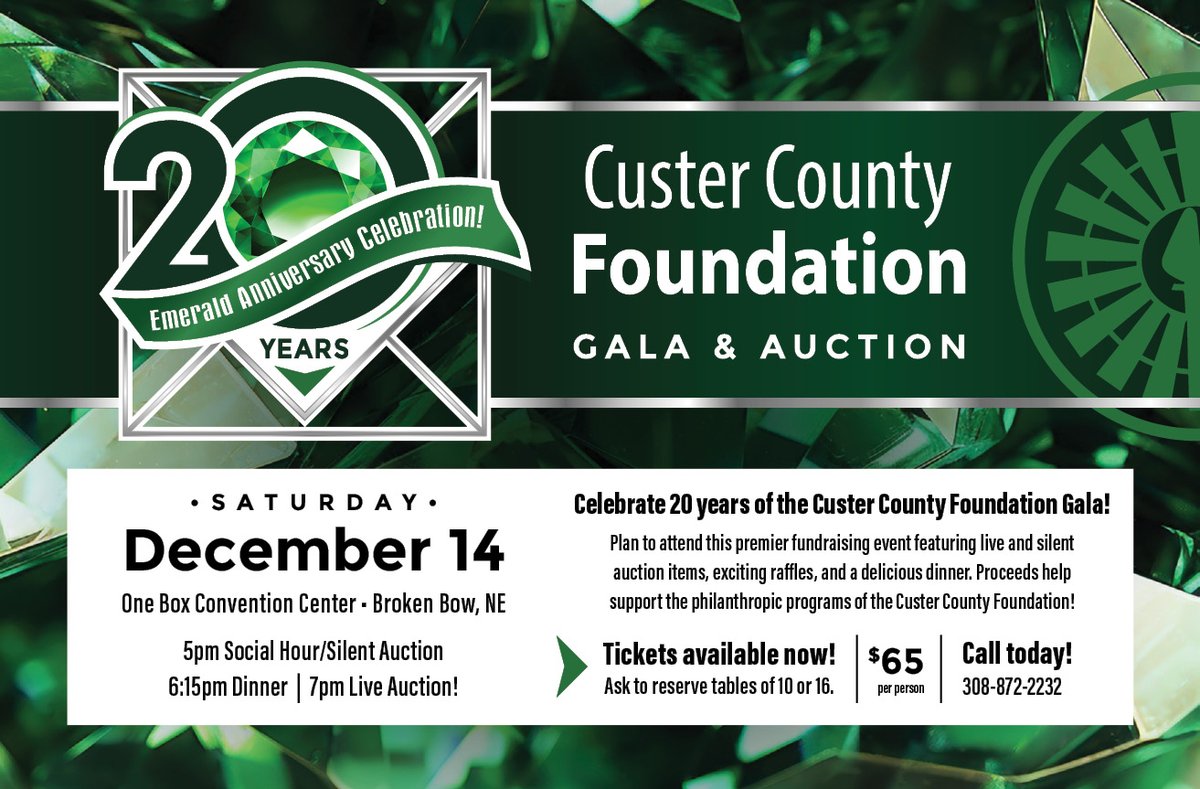 CountyCuster's tweet photo. Tickets to attend the 20th Annual Gala &amp; Auction on December 9th are on sale now! Give us a call at 308-872-2232 to get your tickets!! You and your friends will have tons of fun while raising money to support the philanthropic programs of the Custer County Foundation! https://t.co/d1AtWZo1XC
