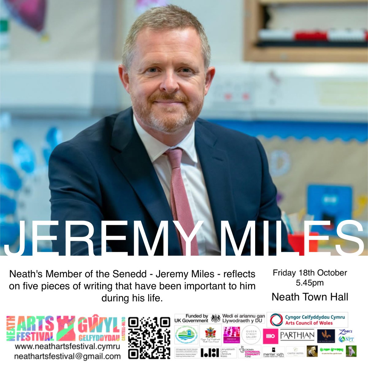 Neath Arts Festival (@neathartsfest) on Twitter photo Jeremy Miles
Neath’s Member of the Senedd - Jeremy Miles - reflects on five pieces of writing that have been important to him during his life.
Friday 18th October
5.45pm
Neath Town Hall
<a href="/Jeremy_Miles/">Jeremy Miles</a> <a href="/NeathTownHall/">Neath Town Hall</a>
neathartsfestival.cymru
#UKSPF #neathartsfestival Jeremy Miles
Neath’s Member of the Senedd - Jeremy Miles - reflects on five pieces of writing that have been important to him during his life.
Friday 18th October
5.45pm
Neath Town Hall
<a href="/Jeremy_Miles/">Jeremy Miles</a> <a href="/NeathTownHall/">Neath Town Hall</a>
neathartsfestival.cymru
#UKSPF #neathartsfestival
