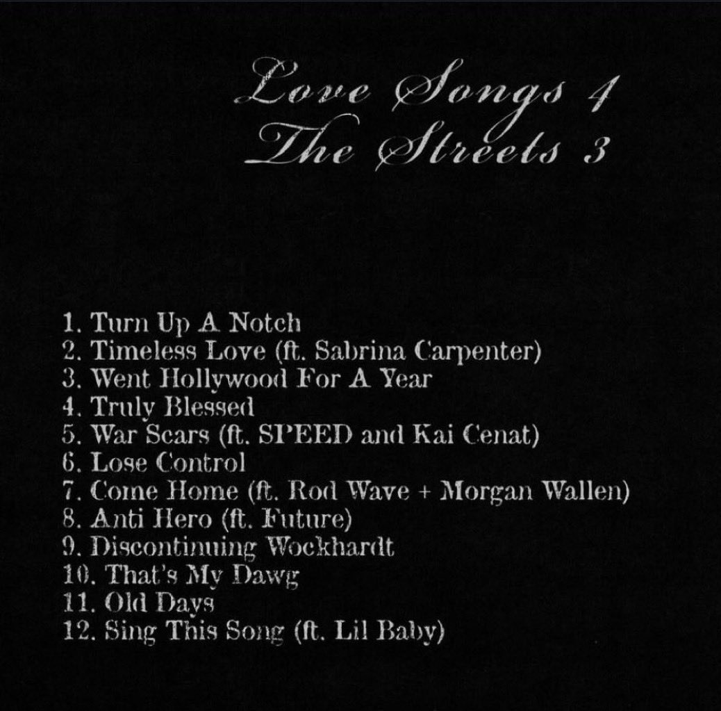 big_business_'s tweet photo. LIL DURK: LOVE SONGS 4 THE STREETS 3

FEAUTURING:
• SABRINA CARPENTER
• ROD WAVE
• MORGAN WALLEN
• FUTURE
• LIL BABY
• SPEED
• KAI CENAT

Executive Produced By Rod Wave https://t.co/uHGRbKHIry