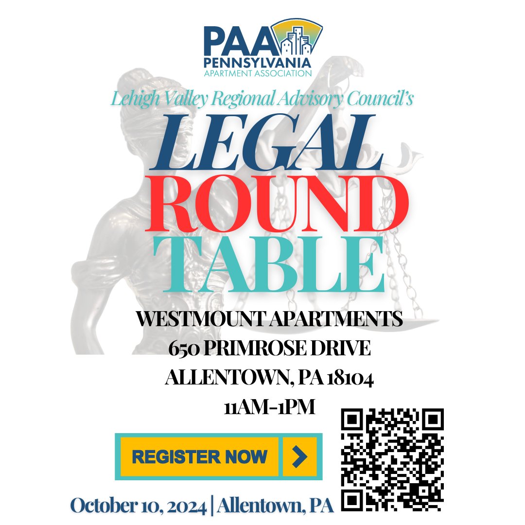 #PAA and the Lehigh Valley Regional Advisory Council is hosting a Legal Round Table event in #Allentown on October 10th! 

Connect with industry leaders, discuss pressing legal issues in #multifamily #housing and network with fellow #professionals. 
 paahq.com/events/lehighv…