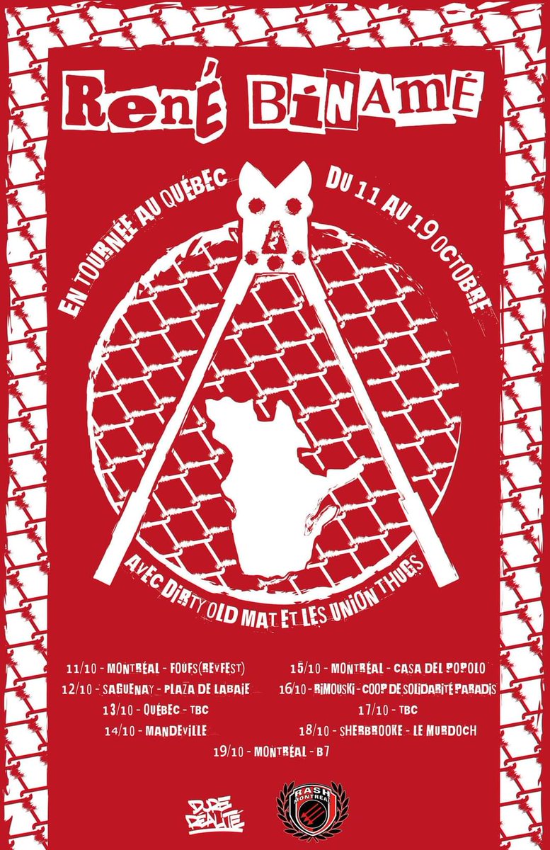 DureRealite's tweet photo. Le légendaire groupe anarcho-punk belge René Binamé en tournée au Québec, avec Dirty Old Mat et les Union Thugs.

Ça s'en vient près de chez vous!

#punkqc #durerealite https://t.co/UtNeC6xTXr