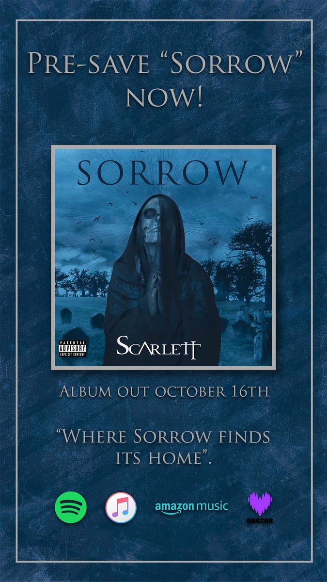 Pre save NOW! 
Click the link and embrace the darkness! 😈🔥⬇️⬇️

show.co/8UITJqG

#Music #NewMusic #Rock #Metal #Metalheads #PreSave #Sorrow #Scarlett