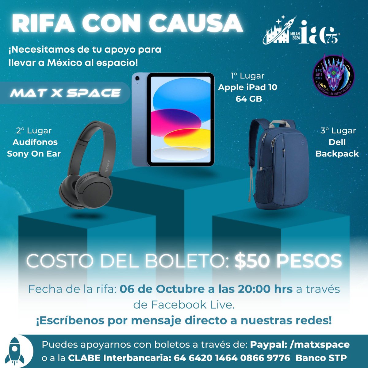 matxspace's tweet photo. @Claudiashein Buscamos cubrir los gastos que llevarán a todo el equipo a presenciar el Lanzamiento SpaceX CRS-31 🚀y posteriormente hasta la sede del Congreso, puedes participar en nuestra rifa o comprar alguno de nuestros productos con temática espacial. @Claudiashein https://t.co/J7pWOplp8H