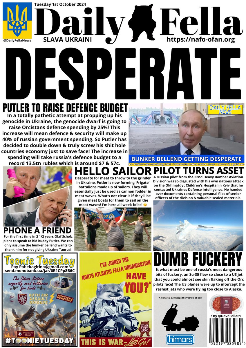 DailyFellaNews's tweet photo. It’s time for a rare early Daily Fella but it’s Toonie Tuesday so it would be rude not to!
Before you read anything…. I’m watching you! 😏 Make sure you throw some toonies their way!
Then you can read about Putins desperation which is summed up by virtually all of the stories today! 🤷🏼‍♂️🤣

#DailyFella #DailyFellaNews #SlavaUkraini #NAFO