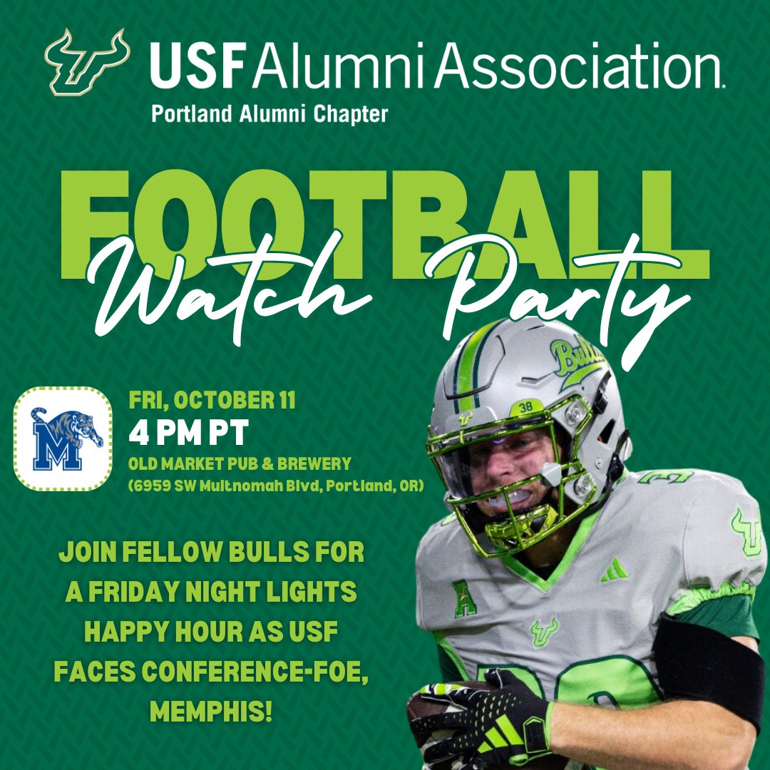 💚USF Portland Alumni!💛
Football fan or not, come out for a Portland Happy Hour on Friday, October 11 at 4 PM PT. We're meeting at Old Market Pub &amp; Brewery (6959 SW Multnomah Blvd) 🏈🐂 We'll be posted up for the game so swing through when you can and #GoBulls