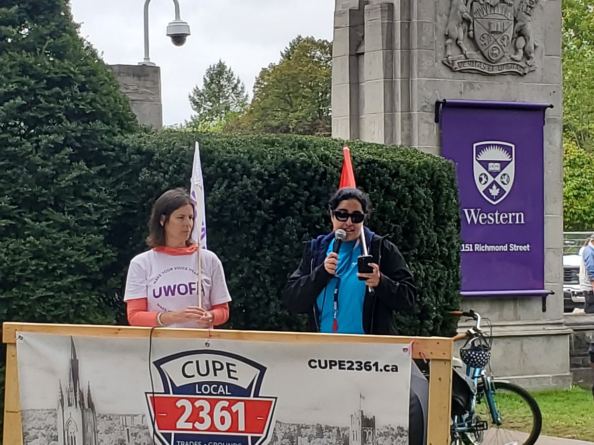 CUPEOntario's tweet photo. As @CUPE2361 members at Western University enter their second month of strike action, they continue to feel the support and solidarity from affiliates in their fight against low wages and high workloads ✊🏾📢

@UWOFA and @PSAC610 Presidents spoke out on the reality on campus that scabs can't keep up and the absence of 2361 members is felt.

"I have never seen Alan Shepard so flustered," says UWOFA President about Shepard after a CBC interview.

The Ministry of Labour has also issued H&S violation orders last week, right after the Finance Vice-President, Lynn Logan, wrote to CUPE 2361 saying there were no problems. ‼️

OSBCU President, @joetigani, also joined members on the strike line today, saying "We understand the feeling of being undervalued and underpaid. We learned the undeniable power of solidarity. The 55,000 members of OSBCU have your back." 👏🏽💪🏾

Send a message of solidarity for these members using the eaction here: https://t.co/LckJ8DAFEo