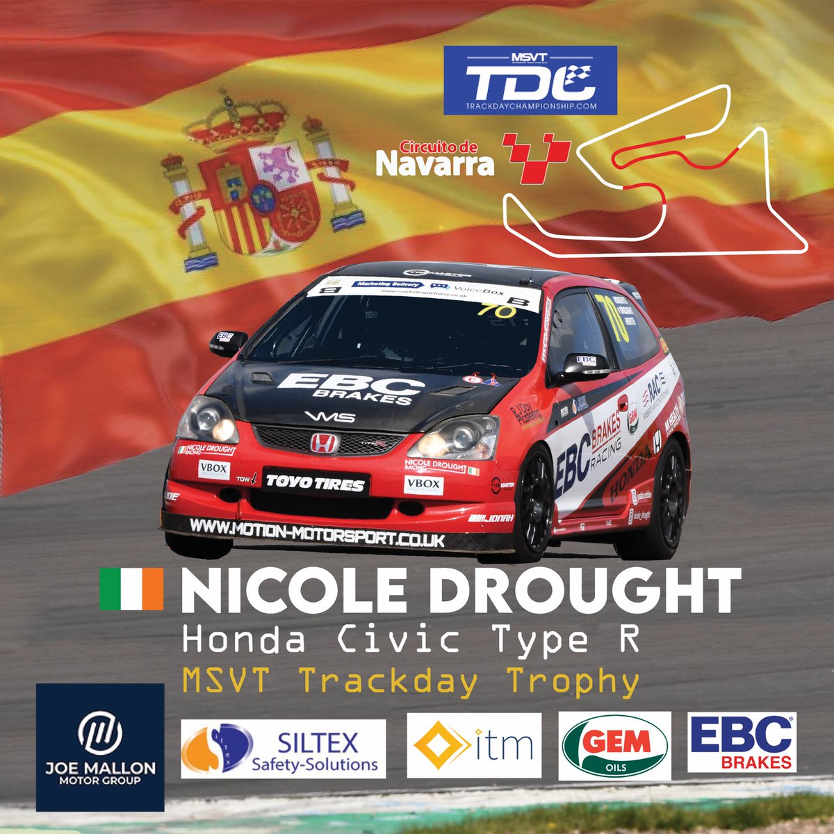 It’s off to Spain for <a href="/NicoleDrought/">Nicole Drought</a> this weekend as she defends her <a href="/msvtracing/">MSVT Racing</a> Trackday Championship lead at the Circuito de Navarra in the <a href="/ebcbrakes/">EBC Brakes</a> Honda Civic Type R. ☘️🏁