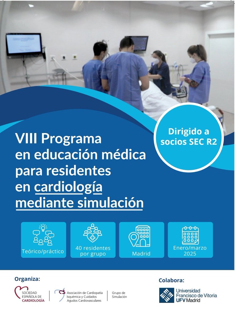 📍Vuelve el curso de educación médica para R2 en cardiología mediante simulación para conocer procedimientos y adquirir habilidades de liderazgo.

✅ Teórico y práctico 
✅ Grupo reducido
✅ 4 convocatorias para elegir

Reserva tu plaza 👉 secardiologia.es/formacion/tecn…