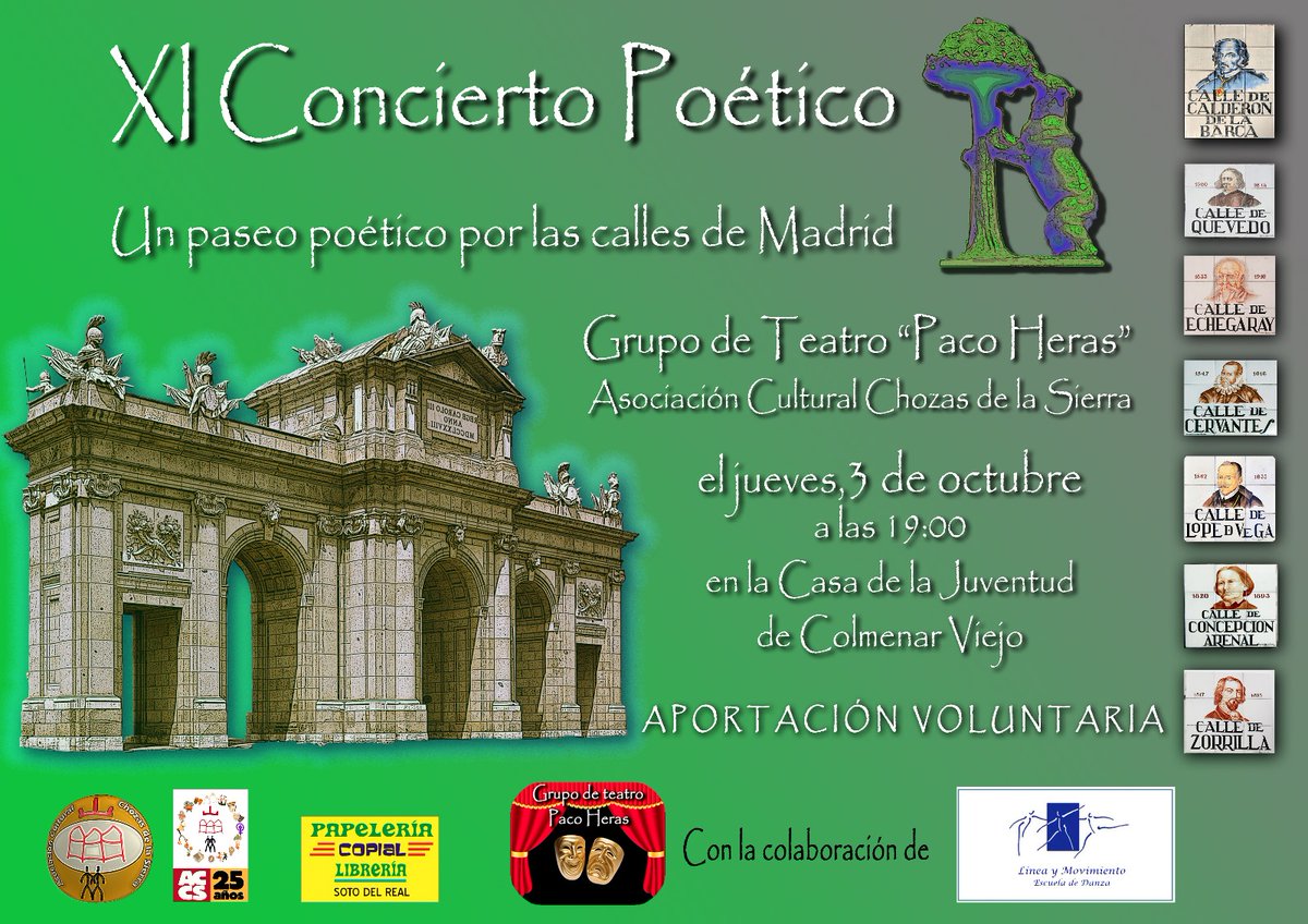 _chozas's tweet photo. ¡¡¡Última representación en Colmenar Viejo!!!
Paseo poético por las calles de Madrid. Poesía, Música, Danza e Imagen. Entrada libre hasta completar aforo.
No os lo perdáis, os esperamos. https://t.co/AUor4YOJtj