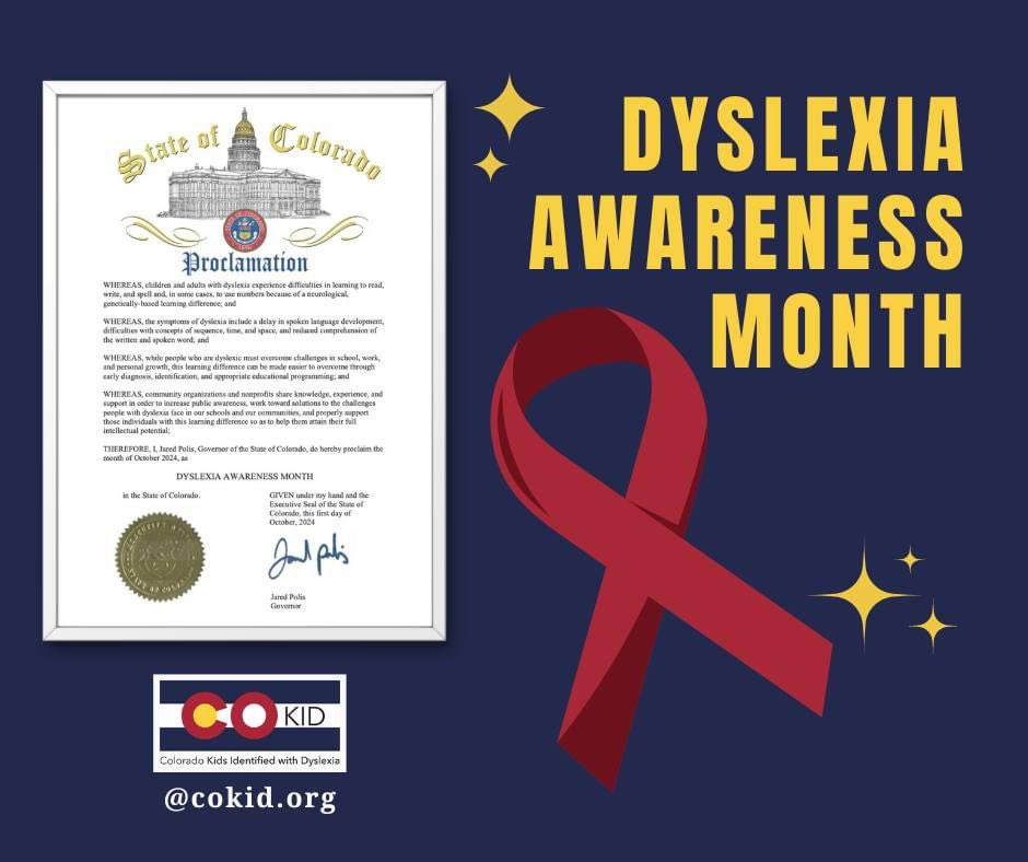COKID_Dyslexia's tweet photo. October is Dyslexia Awareness Month. Join us in celebrating and honoring our loved ones, including our friends, family, and community who have dyslexia. 

Thank you, @GovofCO, for acknowledging this month with this proclamation!

#untilallcanread #dyslexiaawarenessmonth https://t.co/yx9S0avvgz