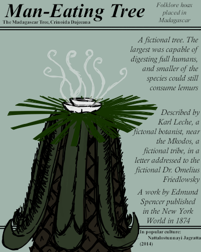 BriefBestiary's tweet photo. A late 18th century hoax of a giant carnivorous plant capable of eating a human being. The bowl-like formations atop its  center seem to leak clear, syrupy and sweet liquid of sensational captivation of the senses. Supposedly when this fluid was consumed, the tree would strike. https://t.co/otWAPzJlRx