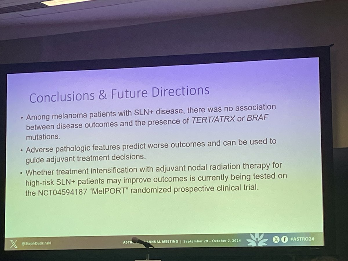 Chelsea C Pinnix MD PhD (@chelseapinnix) on Twitter photo Our <a href="/MDAndersonNews/">MD Anderson Cancer Center</a> PGY4 resident <a href="/StephDudzinski/">Stephanie Dudzinski MD, PhD</a> presents study evaluating genomic&path features a/w outcome for SLN+ melanoma pts. No assoc btwn dz outcomes &TERT/ATRX or BRAF mutations but adverse path features=badness.Clinical trial ongoing.Fantastic work! #ASTRO24 @ashleighg Our <a href="/MDAndersonNews/">MD Anderson Cancer Center</a> PGY4 resident <a href="/StephDudzinski/">Stephanie Dudzinski MD, PhD</a> presents study evaluating genomic&path features a/w outcome for SLN+ melanoma pts. No assoc btwn dz outcomes &TERT/ATRX or BRAF mutations but adverse path features=badness.Clinical trial ongoing.Fantastic work! #ASTRO24 @ashleighg