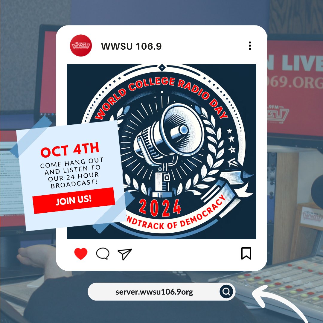 Join us in celebrating college radio with a 24-hour broadcast of music, interviews, and special visits from our faculty and Dr. Sue Edwards! 

Hang out with us in our station, 018 Student Union, starting at 9pm on October 3rd. We’ll be there until 12:00am on October 5th!