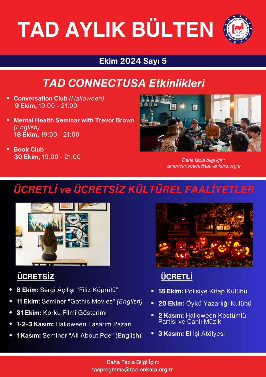 letstaa's tweet photo. 🎃 Ekim ayı, Türk Amerikan Derneği'nde kültür, eğitim ve eğlence dolu bir ay olacak!  🎞😅🎬🕵📚🥳

🗣 Konuşma Kulüpleri
👥️ Seminerler
📽 Film gösterimleri
🎨🪡 Atölyeler 
🇺🇸🇪🇦 Dil kursları

Detaylı bilgiye bültenimizdeki iletişim bilgilerinden ulaşabilirsiniz. https://t.co/KT9wDpYqlF