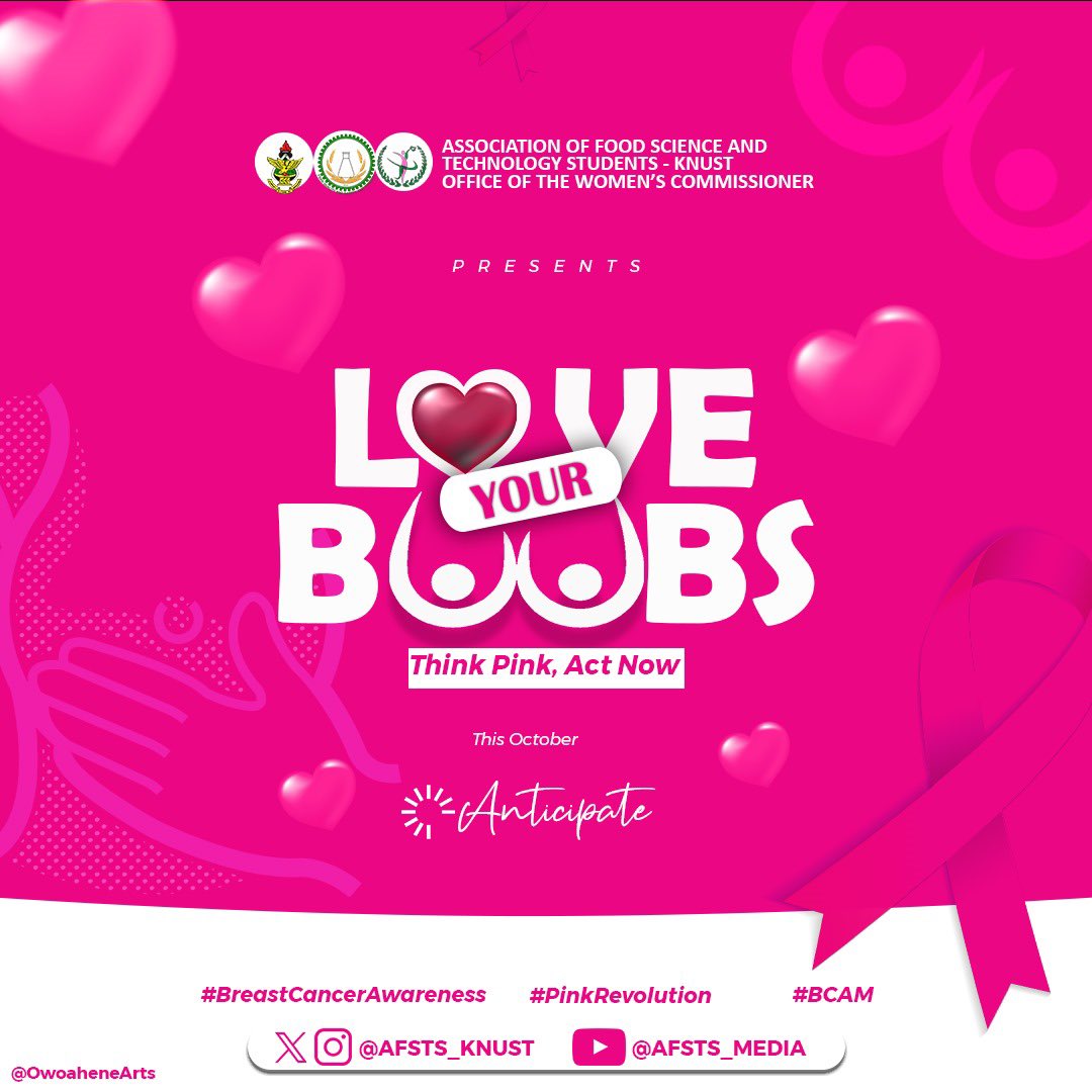 afsts_knust's tweet photo. October is hereeee!πππΏππΏ
Let's dive into a month filled with breast cancer education and awareness. Stay tuned for engaging activities all month long!
Remember to Love your boobs!π«΅πΏπ
#ThinkPinkActNow https://t.co/V23YujIzbE