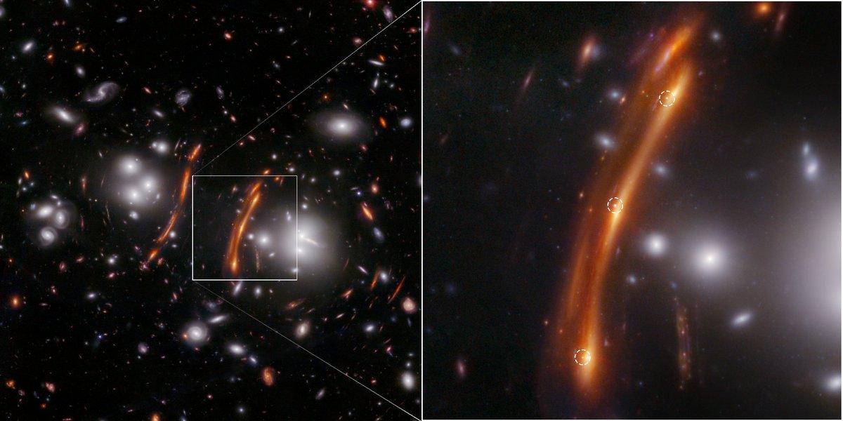 Quelle image extraordinaire du JWST! Une étoile a explosé en supernova il y a 10 millions d'années. On reçoit sa lumière trois fois, car elle a pris différents chemins pour traverser un amas de galaxies. Cela nous permettra de mieux mesurer la vitesse d'expansion de l'univers !