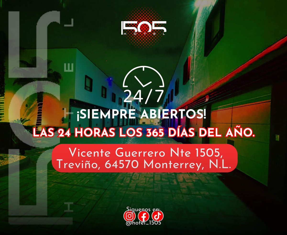 1505Hotel's tweet photo. ⏰ ¡Siempre disponibles!
Ofrecemos servicio 24/7, así que cualquier momento es ideal para disfrutar de nuestras habitaciones 🌟

📍 Ubicación: Vicente Guerrero  1505, Colonia Treviño, Monterrey, N.L. https://t.co/zIlKmeB5gz